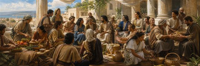 A diverse community preparing food, carrying aid, listening, teaching, and serving together